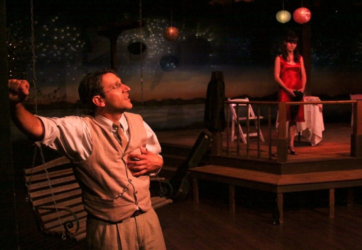 Jeff Coté (left) and Sami Granberg star in "The Pavilion", a romantic new play  that opens Cinnabar Theater’s 41st season.  Coté is the Narrator and he comically plays a number of secondary characters—male and female— at a 20th high school reunion.  Granberg plays Keri, who has been seething since high school over being abandoned when she got pregnant. Photo:  Eric Chazankin 