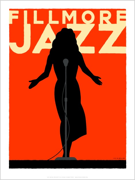 Michael Schwab created the poster for this year’s Fillmore Jazz Festival, his third for the legendary free music festival.  Schwab is an internationally-renowned artist whose latest commission is the logo design for the San Francisco Bay Area Super Bowl 50 Host Committee for 2016.  Image: courtesy Michael Schwab